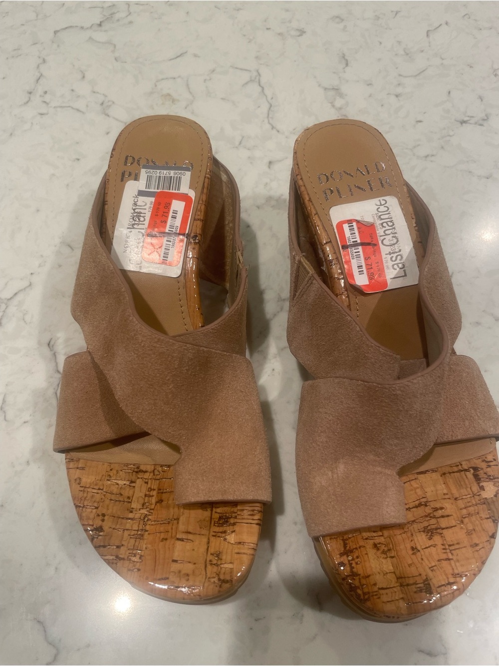 Donald J. Pliner Taupe Suede Cork Wedge Slides
